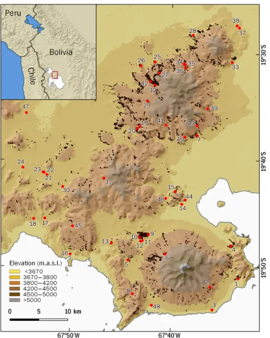 Fig. 1. Localization of 48 archaeological sites (red dots) identified in the study area