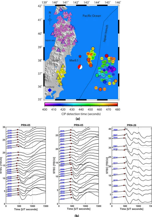 Figure 1. (a) Spatial evolution of CIP, as observed by PRN 05 and PRN 26, estimated at 250 km of ionospheric  piercing point altitude within 480 seconds of the Tohoku-Oki event