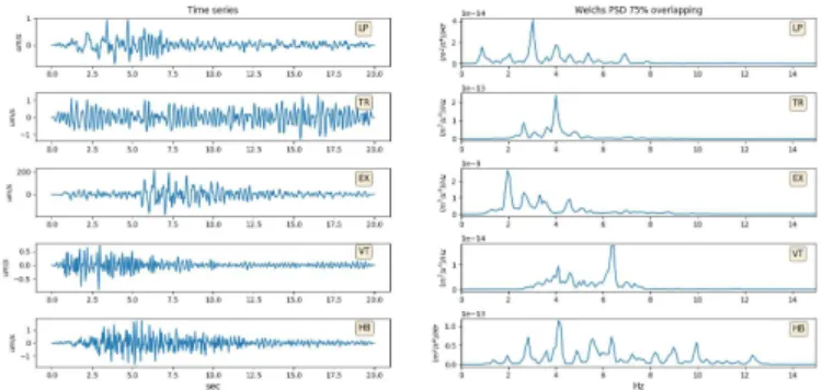 Fig. 1. Time series samples of the five classes with their respective PSD.