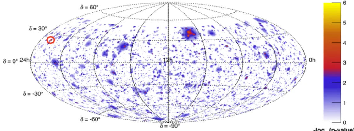 Figure 7: Sky map in equatorial coordinates of pre-trial p-values for a point-like source of the ANTARES visible sky