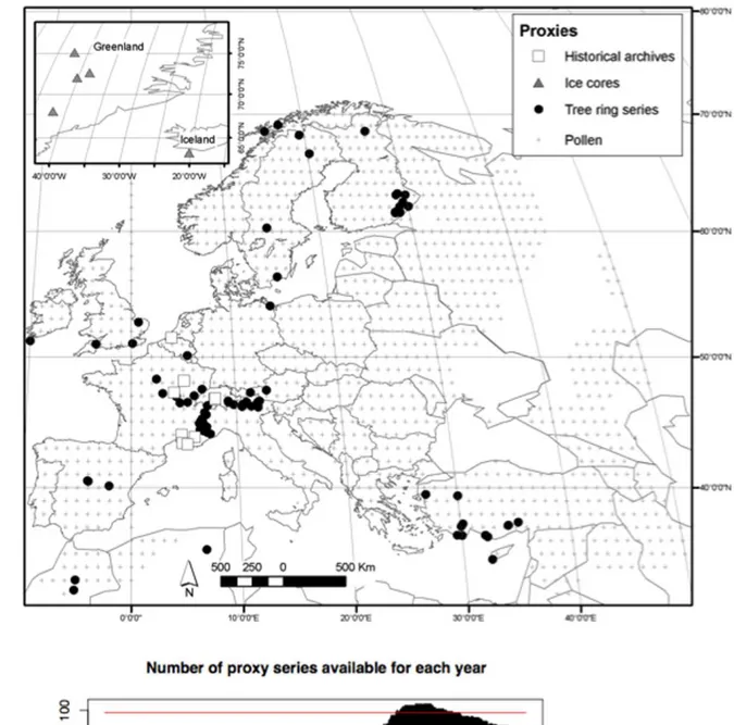 Figure 1. Characteristics of the proxies. A) Map of the proxies used. B) Number of proxy series available as a function of the year, from 600 to 2007.