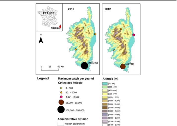 Fig. 2 Collection sites in Corsica with maximum catches of Culicoides imicola per year in 2010 and 2012