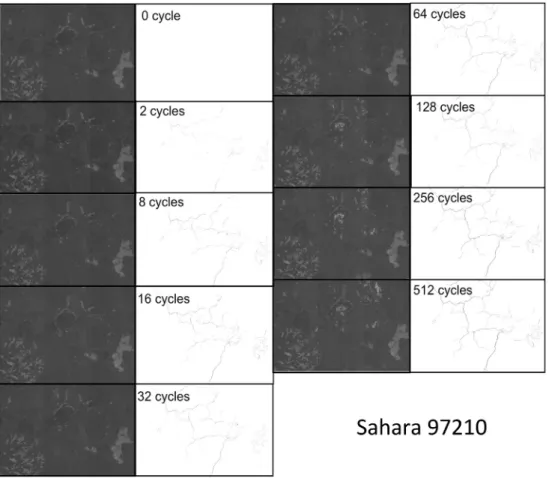 Figure 7. EDS–SEM images of crack growth on the surface of Sahara 97 210 from 0 to 512 thermal cycles with T ≈ 530 K and T max