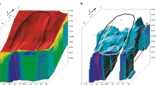 Fig. 6 Landslide limits (continuous feature); slip surface and/or perched watertable (long dotted lines); draining contacts (medium  dotted lines)