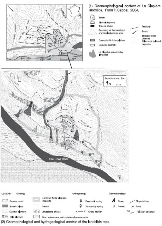 Fig. 2 Geological and geomorphological maps of Clapiere landslide and the study area (down part of Clapiere landslide)