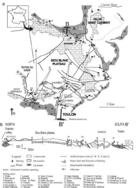 Fig. 3 a Hydrogeological map and b cross section of the Siou-Blanc Plateau and b cross section of the Siou-Blanc Plateau 