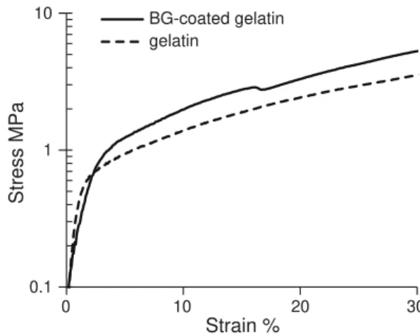 Figure 8 Stress–strain compression curves compared for gelatin scaffolds with 80% porosity: BG-coated versus non-coated gelatin scaffolds.