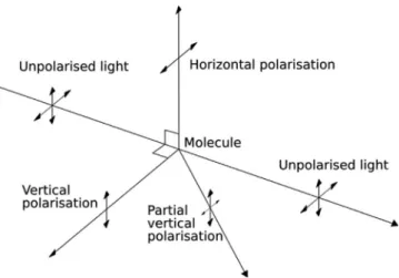 Fig. C.1. Light polarisation by Rayleigh scattering. Light scattered at an angle in the horizontal (vertical) plane will be polarised vertically (horizontally)