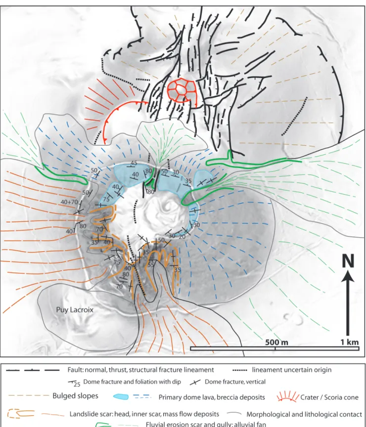 Figure 5: Morphological and structural map of the Puy de Dôme. Note the bulged area of the Petit Puy de Dôme, with its faulted area, and the Nid de la Poule crater inside the main graben