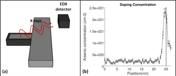 Figure 9: (a) Schematic image illustrating the geometry used to obtain the doping profile and (b) doping profile with experimental error obtained by applying the quantification method.