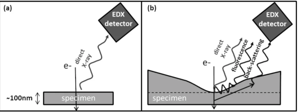 Figure 2: Schematic illustration of the influence of the specimen geometry on EDX artifacts (secondary X-rays created by fluorescence and backscattered electrons) in specimens prepared using: a) FIB