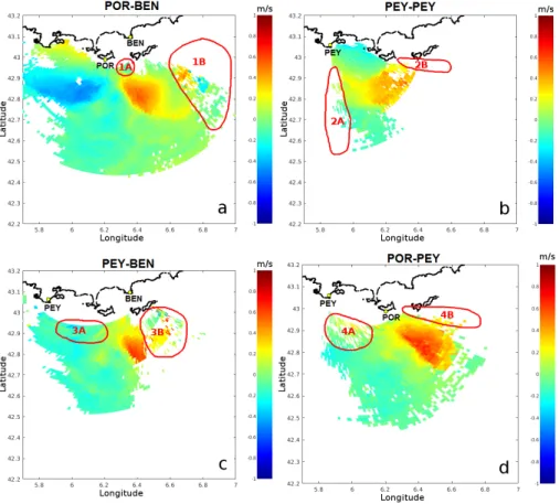 Fig. 5 – Four simultaneous elliptical velocities maps resulting from a 1 hour observation time on February 4, 2019 (14:00-15:00 UTC):a) BEN b) PEY-PEY c) PEY-BEN d)  POR-PEY