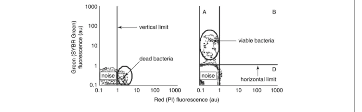Figure 1 Determination of the A, B, and D quadrants used to resolve viable, membrane- membrane-damaged, and membrane-compromised bacteria (dead cells), respectively, on a green-versus red-fluorescence histogram