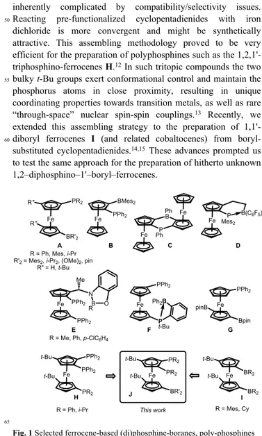 Fig. 1 Selected ferrocene-based (di)phosphine-boranes, poly-phosphines  and poly-boranes.