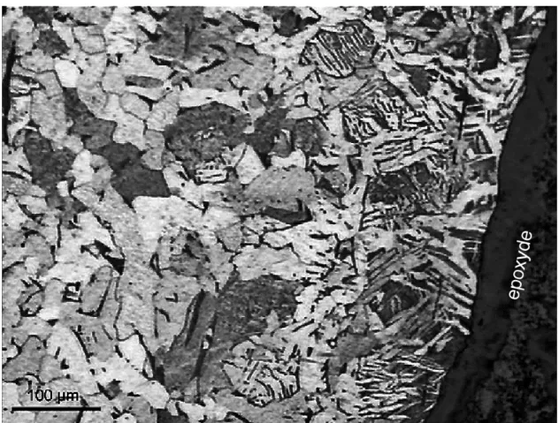 Fig. 2. Optical micrograph of the PM98 nail. On the left, inner part of the nails with ferritic grains and  carbides  precipitated  at  the  grains  boundaries;  in  the  center,  pearlitic  colonies;  near  the  surface,  Widmanstätten structure