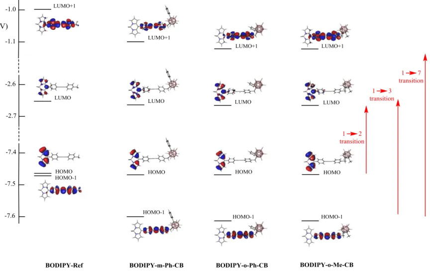 Figure 6.  Dominant frontier orbitals involved in the three intense 1  2, 1  3, and 1  7 electronic transitions for BODIPY-Ref, 