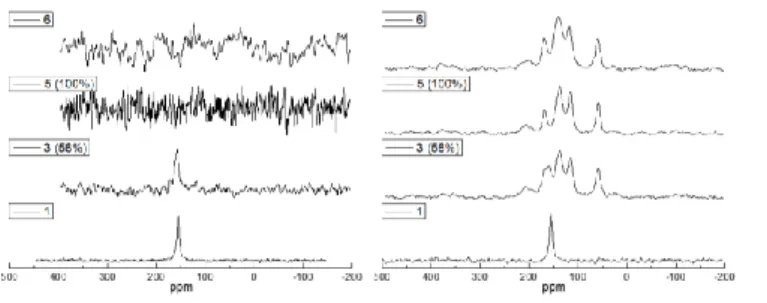 Fig. 3.  13 C CP-MAS (left) and  13 C MAS (right) NMR spectra for samples 1, 3, 5 and 6.