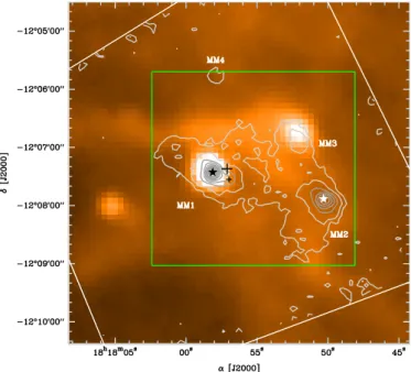 Fig. 1. Image of the MSX 8µm emission toward IRAS 18151 − 1208 (color scale) overlaid with the 1.2 mm map (white polygon) by Beuther et al