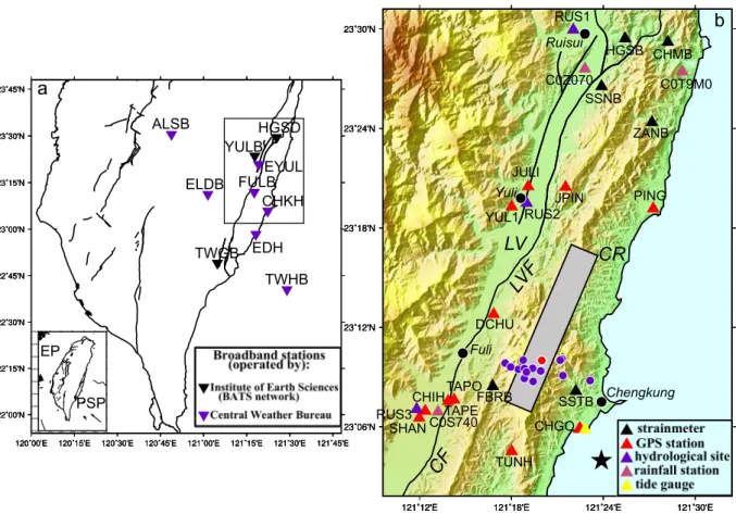Figure 1. (a) Map of southern Taiwan. Inverted triangles denote broadband seismome- seismome-ters used in this study