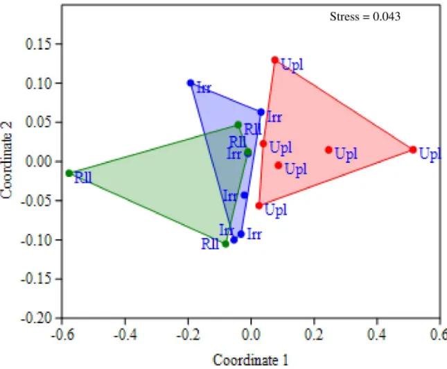 Fig 4. NMDS representation of the rice ecotypes based on the Bray-Curtis similarity measure of their response to inoculation with AMF (MIE) for yield, harvest index and spikelet fertility