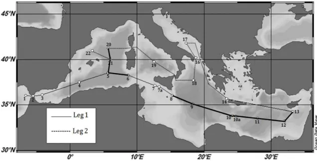 Figure 2. Map of the 2013 MedSeA cruise in the Mediterranean Sea. The numbers from 1 to 22 correspond to the sampled stations