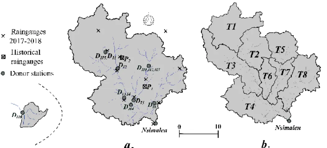 Figure 4 . The Mefou catchment: (a) Location of raingauges and limnimetric stations on donor catchments  (NB: the donor D H6  is located outside of the Mefou basin at 40 km south-west); (b) target catchments