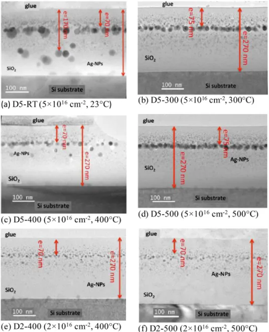 FIG. 1. TEM images of samples obtained at higher ion implantation doses (2 10 16 cm 2 and 5  10 16 cm 2 ) at room temperature and at annealing  tem-peratures of 300, 400, and 500  C.