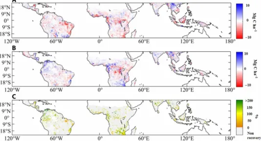 Fig. 2. Spatial patterns of AGC changes corresponding to “El Niño” and “Recovery.” AGC changes (A) from 2014 to 2015–2016 (  AGC EN ) and (B) from 2015–2016 to  2017 (  AGC R ) (subscripts “R” and “EN” mean “recovery” and “El Niño,” respectively)