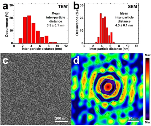 Figure S6. (a, b) Histograms of interparticle distances measured on (a) TEM and (b)  SEM images of the nanoparticle filamentous film collected after mixing Au-A3 and  Au- α17 conjugates