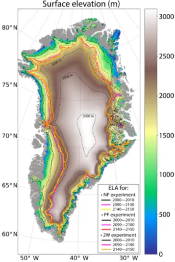 Figure 4. Ice thickness anomaly (2150–2000) simulated in the 2W experiment (in m). The dashed lines correspond to the 500 m  sur-face elevation iso-contours for the present-day observed  topogra-phy
