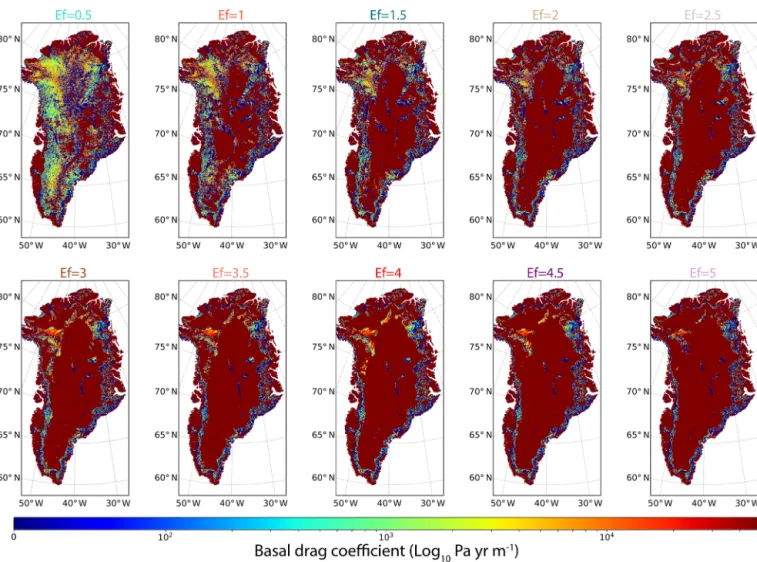 Figure 7. Spatial distribution of the basal drag coefficient (log 10 Pa yr m −1 ) for Ef ranging from 0.5 to 5 for the iterative cycle Nb cycle that produces the lowest RMSE (Table 1)