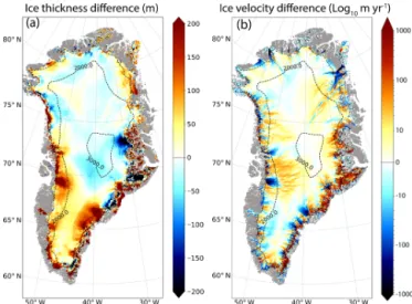 Figure 4. (a) Ice thickness difference (m) simulated at the end of a 200-year-long simulation without any specific initialisation  proce-dure with respect to the observed ice thickness from Bamber et al.