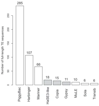 Figure 6. Number of TEs integrated as full-length copies for the nine TE superfa- superfa-milies found in the AcMNPV genomes