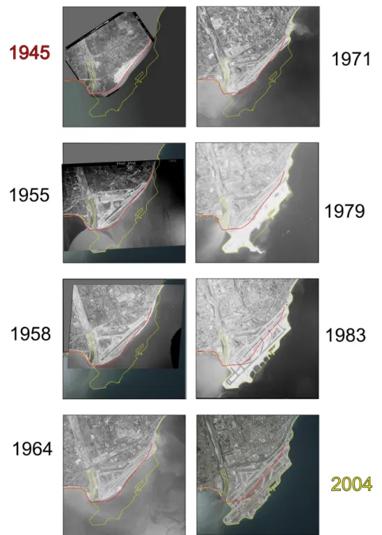 Figure 7. Sequence of aerial photos from 1945 to 2004 showing the evolution of the contour of the NCA airport (that has not changed since then)