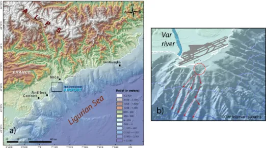 Figure 1. (a) Map of Nice area showing the large topographic gradient between the southern Alps and the offshore margin of the Ligurian sea (more than 4000 m elevation drop over 40 km)