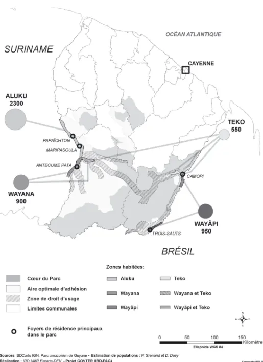 Fig. 1. Carte de la population du Parc amazonien de Guyane par groupes socioculturels (estimations : GOVTER, 2009).