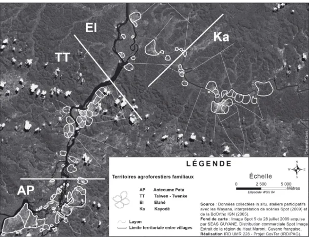 Fig. 2. « Terroirs » villageois et territoires familiaux de la communauté wayana (Source : GOVTER, 2009).
