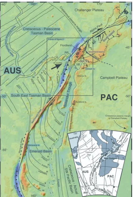 Figure 1. Global gravity anomalies (FAA) [Sandwell and Smith, 1997] and basin structures south of New Zealand