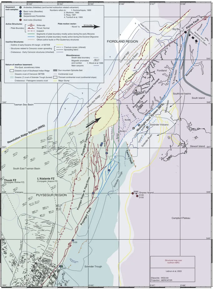 Figure 2. Tectonic map of the Puysegur-Fiordland Margin (northern Macquarie Ridge Complex), representing the area covered during the Geodynz-Sud survey, between 50°S and 44°S
