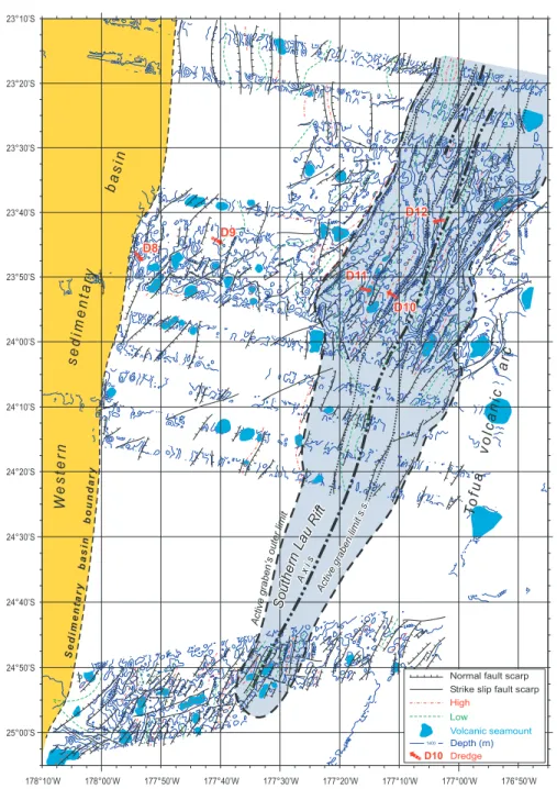 Figure 7) mostly comprise old altered volcanicFigure 7.Structure and interpretation of the southernmost Lau Basin and transitional uplifted area