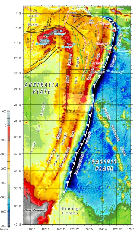 Figure 1. Geodynamic setting of Lau-Havre back-arc system along the Tonga-Kermadec plate boundary, in the Southwest Pacific, including recent published results [Bevis et al., 1995; Pelletier et al., 2001; Zellmer and Taylor, 2001], and location of the stud