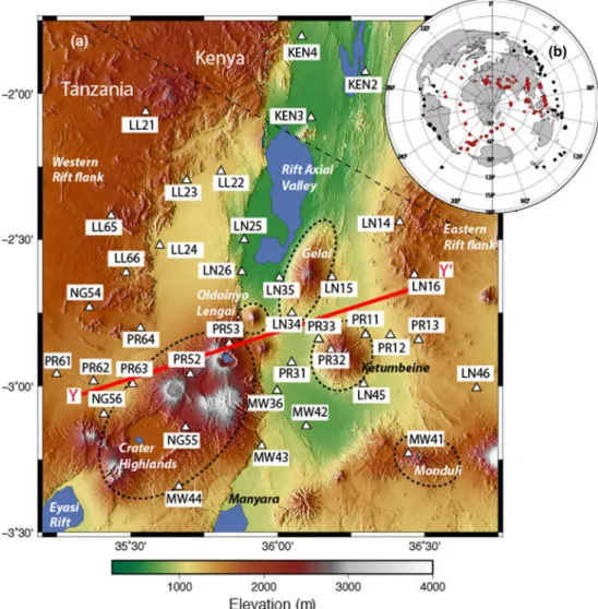 Figure 2. Inset a: location and names of the 38 seismological stations in the NTD in 2013 and 2014 over a topographic map of the region (SRTM3)