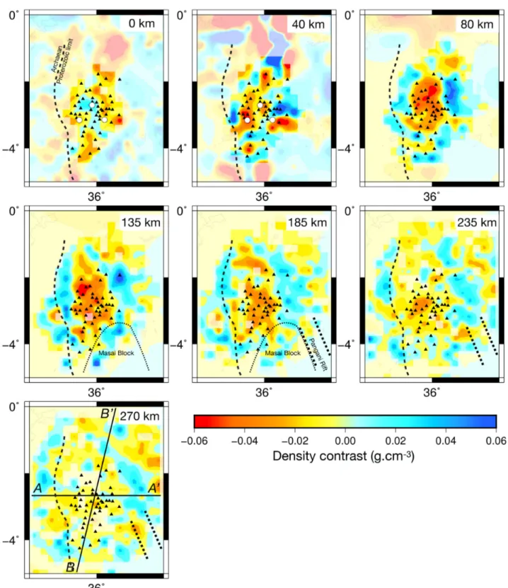 Figure 10. Density contrasts from the joint inversion. The transparency mask indicates zones not constrained by seismic rays