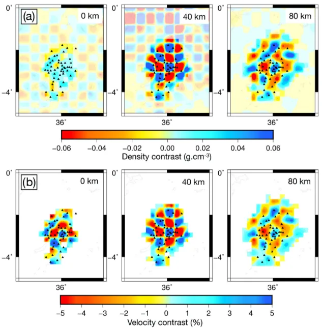 Figure 6. Result from checkerboard test with ± 5 per cent anomalies in layer 2 (40 km depth), for (a) the density contrast and (b) the velocity anomaly