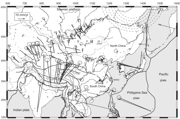 Figure 9. GPS-derived velocities with respect to east China. Black arrows, our solution; grey arrows, Wang et al.’s [2001] solution after transformation into ITRF2000 and rotation into a Eurasia-fixed frame (explanation in text)