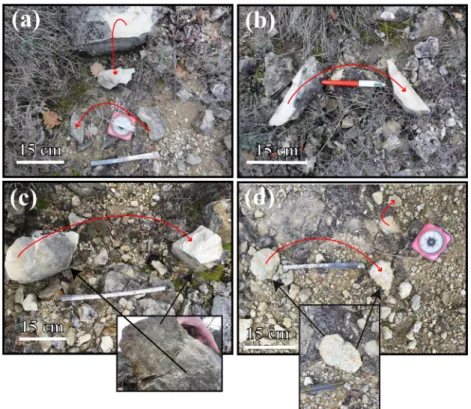 Fig. 4 Displaced rocks. Examples of observed displaced rocks as upthrown stones, freshly fractured and broken at the impact on ground, imply a vertical acceleration exceeding gravity during the Le Teil event