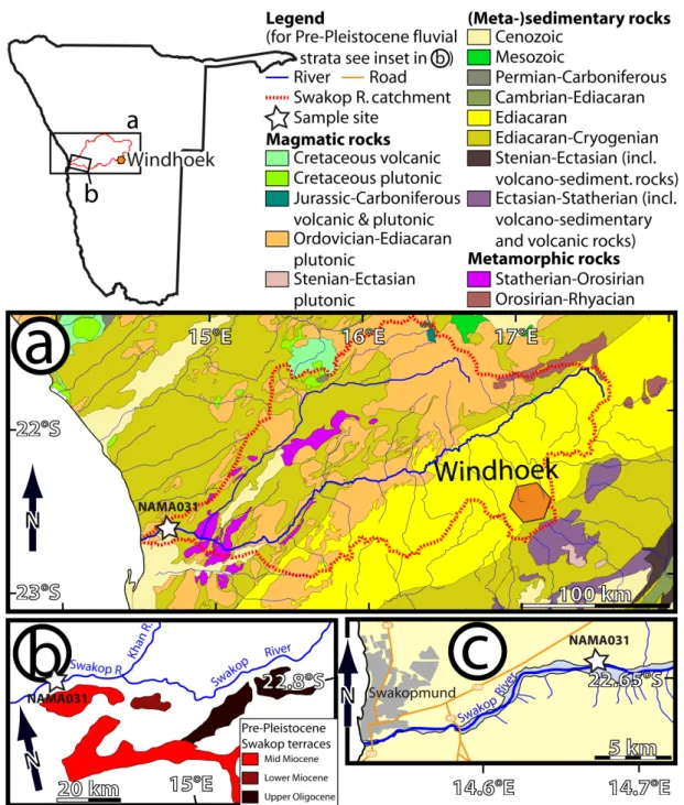 Figure 1. Geographic and geological overview of the study area and sampling site. (a) Geological map  of the Swakop River catchment and its surrounding areas adapted from [44]