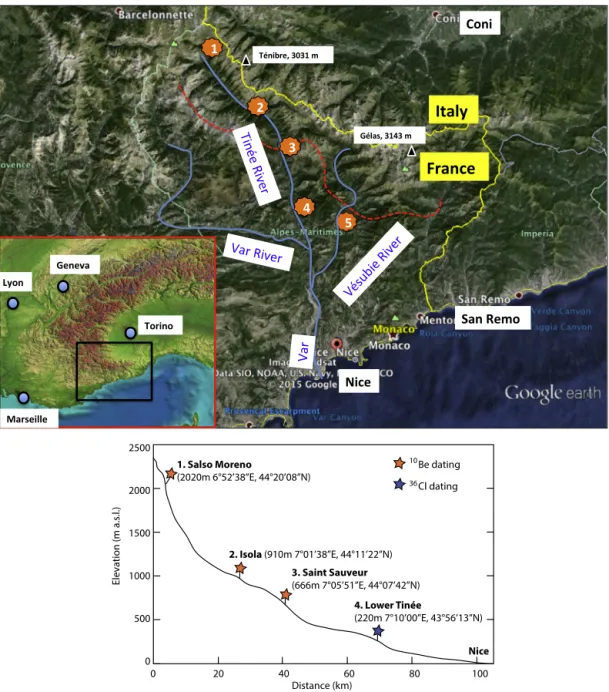 Fig. 1. A. Localization of study area, the Tinée River in SW Alps (France), and positions of the dated inner gorges: 1, Salso Moreno; 2, Isola; 3, Saint-Sauveur–de Tinée;