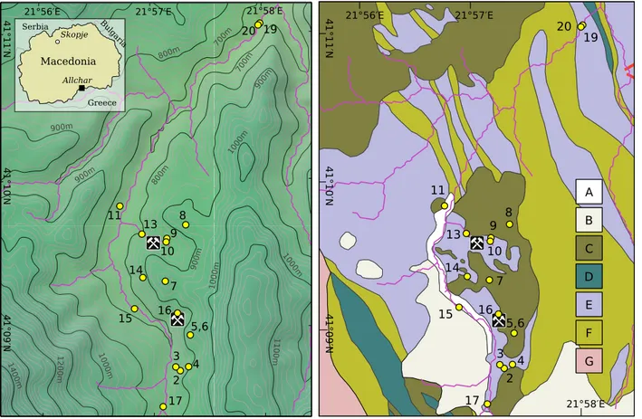 Figure 1: Topographic (left, Jarvis et al., 2008) and geologic map (right) of the Allchar area with indication of the Crven Dol (North) and Centralni Deo (South) mine locations, and the sample locations (yellow circles).
