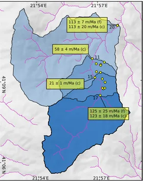 Figure 3: Catchment area of the Majdan River and its tributaries upstream of the four modern sediment samples, with indication of the 10 Be-based catchment-wide erosion rate estimates